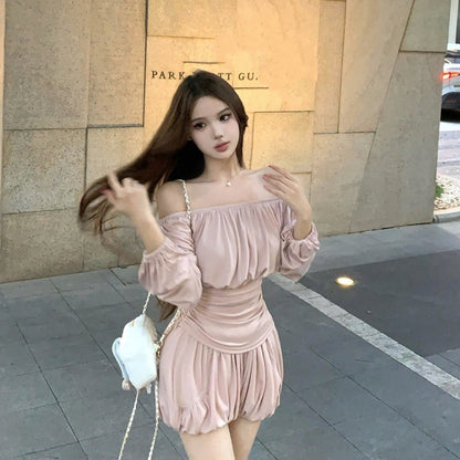 Off-shoulder Pleated Casual Shorts Two-piece Set
