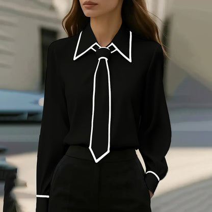 Women's Classic Tie & Lapel Blouse, Long Sleeve Contrast Color Design Shirt For Office And Formal Wear