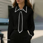 Women's Classic Tie & Lapel Blouse, Long Sleeve Contrast Color Design Shirt For Office And Formal Wear