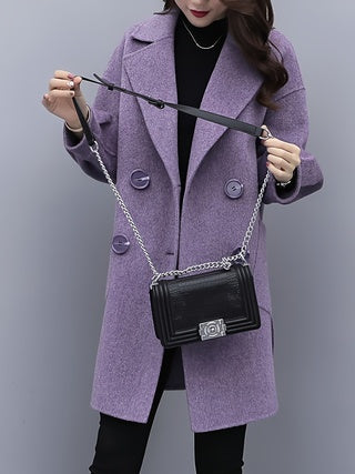 Medium To Long-length Lantern-sleeve Purple Woolen Coat For Petite Women
