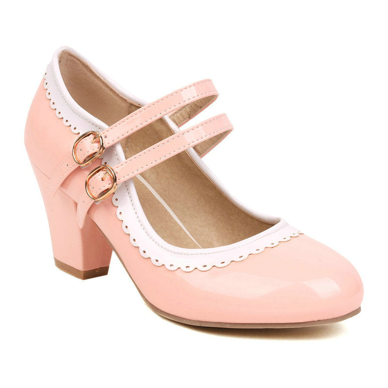 Womens Round-toe Patent Leather Chunky-heeled High Heels In Candy Colors