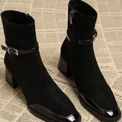 Retro French British Style Black Square Toe Leather Suede Ankle Side Zip Boots Retro French British Style Black Square Toe Leather Suede Ankle Side Zip Boots Product information: Pattern: Solid color Inner material: Microfiber leather Color: Black, Red He