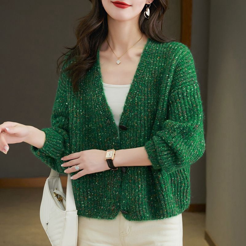 Colorized Sweater V-neck Knitted Jacket Women's Single-breasted Loose