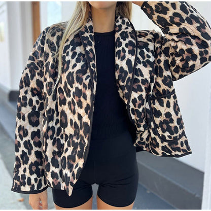 Vintage Leopard Print Printed Women's Lapel Pocket Loose And Warm Coat