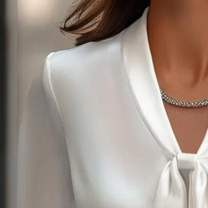 Women's Elegant Satin Blouse, Long Sleeve Button Down Shirt With Ribbon Detail For Office Work