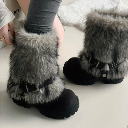 Winter Warm Furry Anti-slip Snow Boots For Women Winter Warm Furry Anti-slip Snow Boots For Women Product information: Pattern: Color block splicing Inner material: Artificial short plush Color: Beige, brown, gray Shaft height: Mid-calf Processing method: