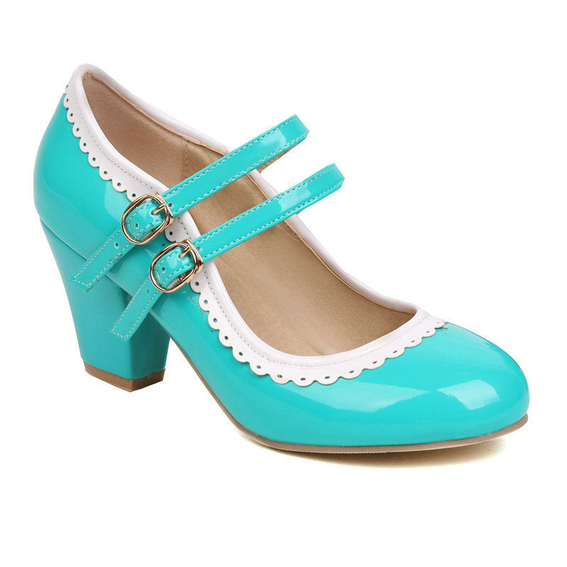 Womens Round-toe Patent Leather Chunky-heeled High Heels In Candy Colors