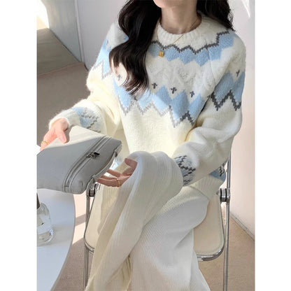 White Fairland Vintage Rhombus Round Neck Sweater For Women