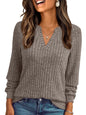 Women's V-neck Sunken Stripe Brushed Solid Color Top