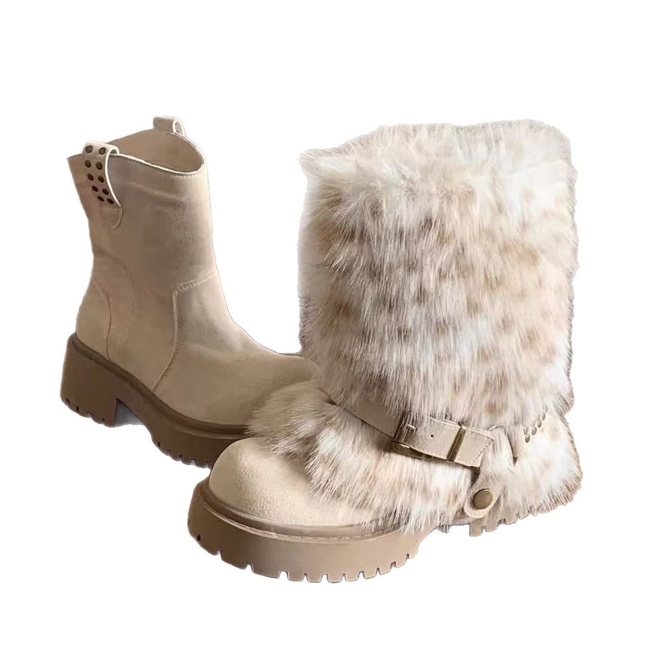 Winter Warm Furry Anti-slip Snow Boots For Women Winter Warm Furry Anti-slip Snow Boots For Women Product information: Pattern: Color block splicing Inner material: Artificial short plush Color: Beige, brown, gray Shaft height: Mid-calf Processing method: