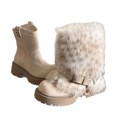 Winter Warm Furry Anti-slip Snow Boots For Women Winter Warm Furry Anti-slip Snow Boots For Women Product information: Pattern: Color block splicing Inner material: Artificial short plush Color: Beige, brown, gray Shaft height: Mid-calf Processing method: