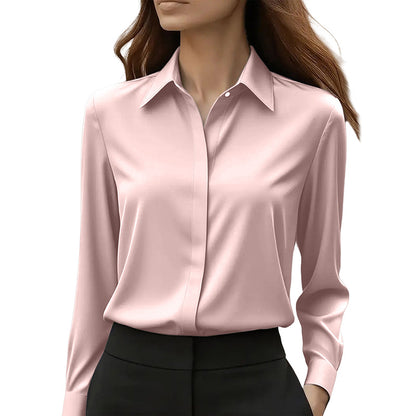 Women's Long Sleeve Satin Blouse, V Neck Loose Fit Tunic Top For Business Casual Office Fall