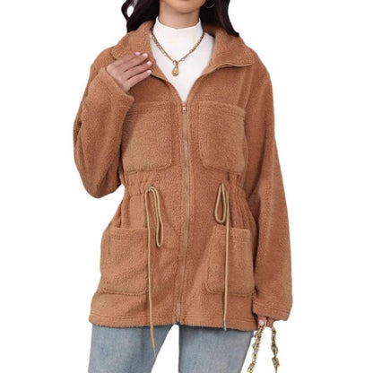 Loose Pockets Zipper And Lapel Long Sleeve Cardigan Plush Coat