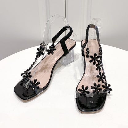 Fashion Flowers Sandals With Transparent High Square Heels Summer Square Toe Shoes For Women