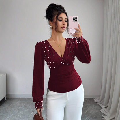 V-neck Pearl Solid Color Long Sleeved Fitted T-shirt Women