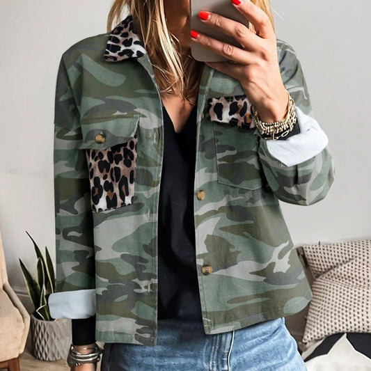 Green Camo Leopard Patchwork Flap Pocket Crop Jacket