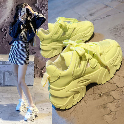 Height Increasing Thick Bottom Women's Sports Casual Shoes Product information: Pattern: solid color Applicable sports: Universal Lining material: imitation leather Color: beige [upgrade solid soft bottom], fluorescent green [upgrade solid soft bottom], R