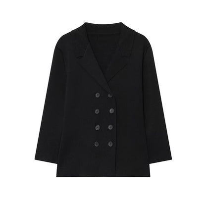 Temperament Female Knitted Double-breasted Coat Midi Skirt