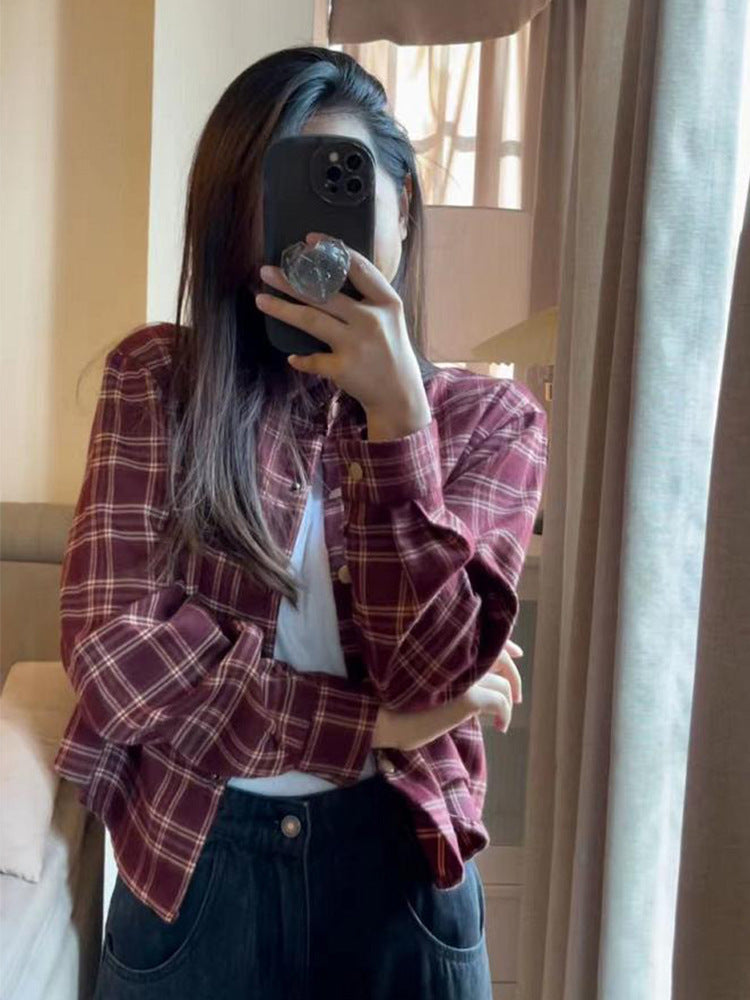 American Retro Short Plaid Shoulder Shirt Coat