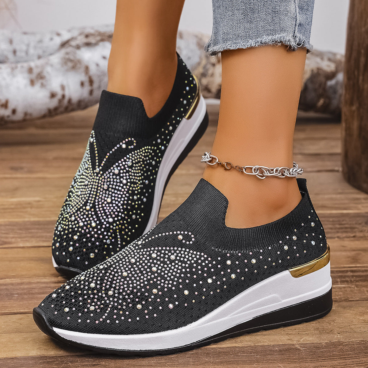Pumps Women's Summer Wedge Round Toe Rhinestone Slip-on Women's Pumps Pumps Product information: Color: Black, milky white, pink, Rose Red, White Upper height: low top Heel height: low heel (1-3CM) Heel shape: Wedge Size: 36, 37, 38, 39, 40, 41, 42, 43 So