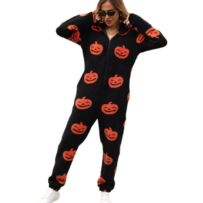 European And American Autumn And Winter New Halloween Pumpkin Print Loose Zip Plush Jumpsuit