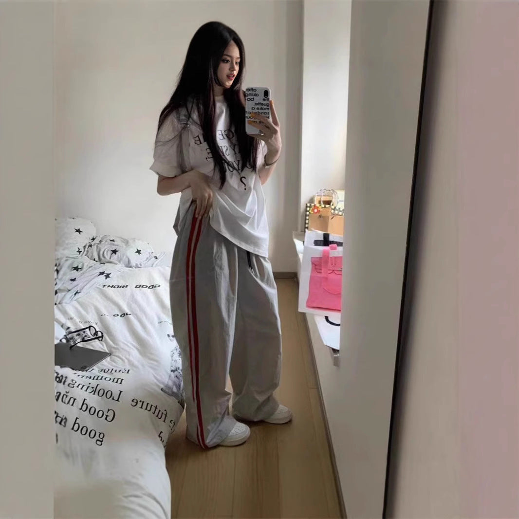 American Striped Sports Pants Female Spring And Autumn Loose Wide Leg Leisure