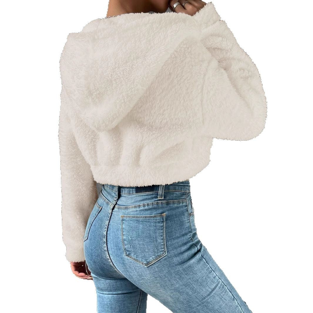 Women's Coat Fashion Casual Short Long Sleeve Hooded Fleece Shirt Solid Color