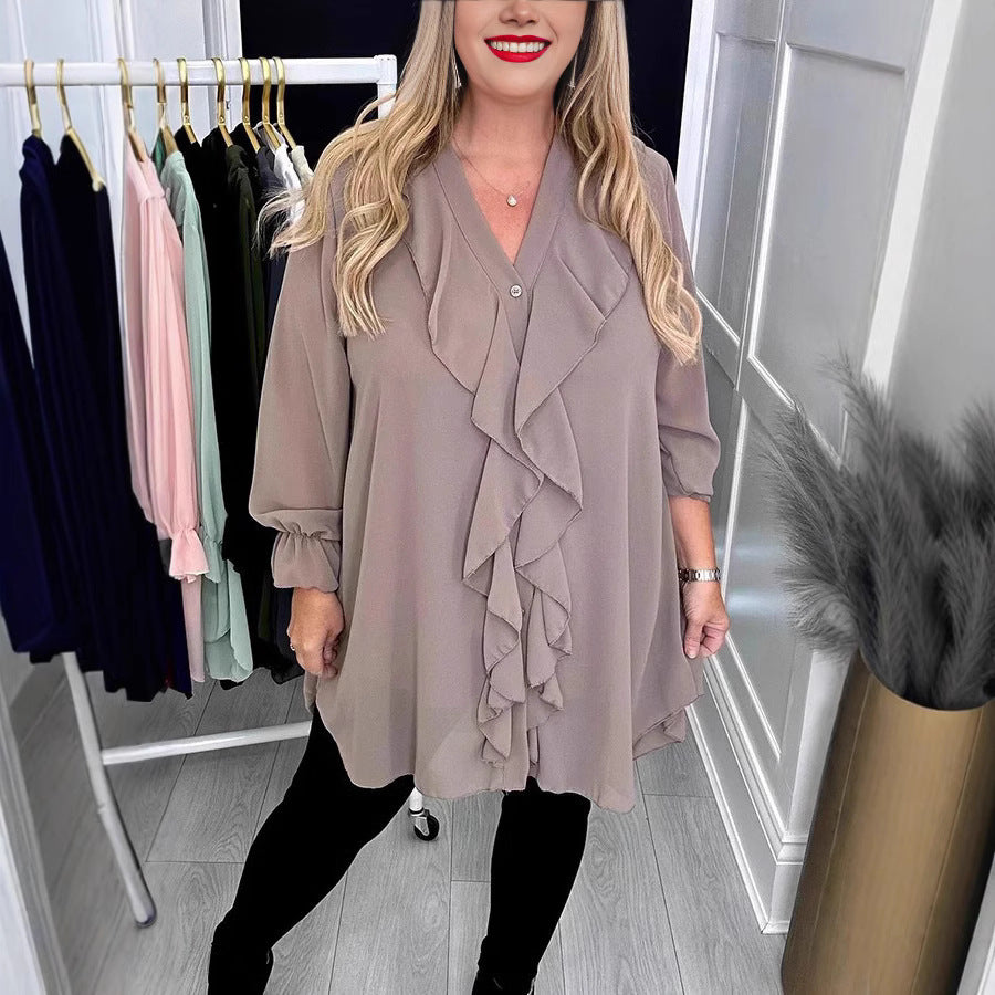 Women's Solid Color Loose Lotus Leaf V-neck Long Sleeve Shirt