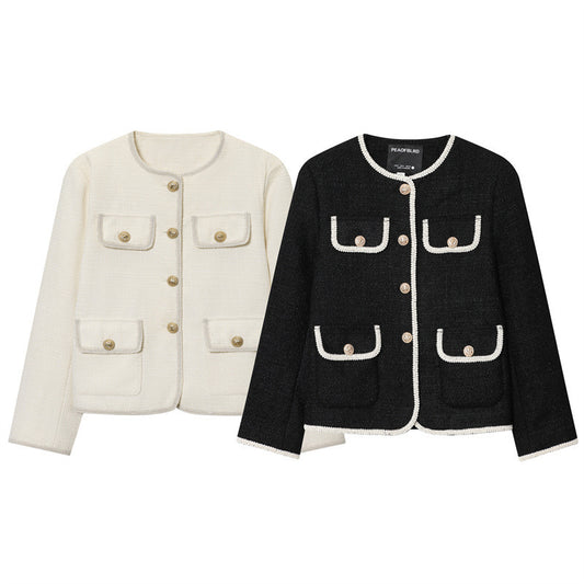 Women's Round Neck Pocket Velvet Coat