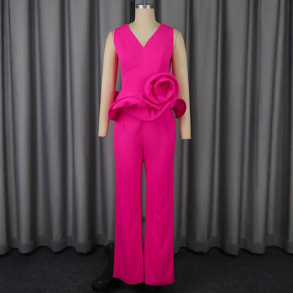 Three-dimensional Flower V-neck Sleeveless Top High Waist Fashion Straight-leg Pants