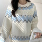 White Fairland Vintage Rhombus Round Neck Sweater For Women