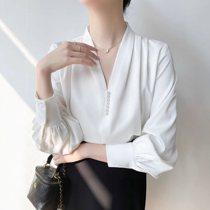 Women's Polyester V-neck Chiffon Long-sleeved Shirt