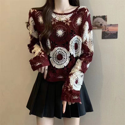Hollow Crocheted Round Neck Long Sleeve Knitted Sweater