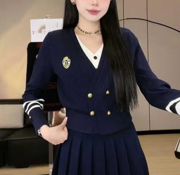 Long Sleeve College Style Fake Two-piece Cardigan Sweater