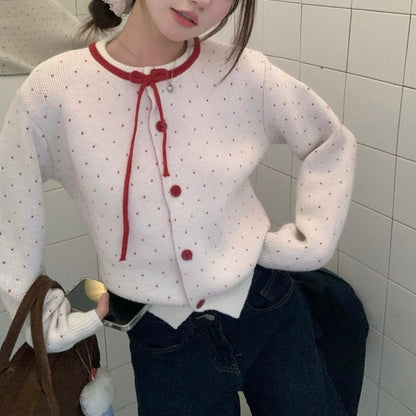 Women's Polka Dot Jacquard Lace-up Single-breasted Knitted Sweater