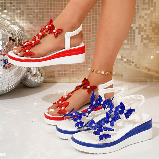 Womens Wedge Sandals Bow-tie Slip-on Platform Rhinestone-soled Peep-toe Sandals