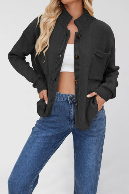 Standing Collar Plus Size Sweater Solid Color Cardigan For Women