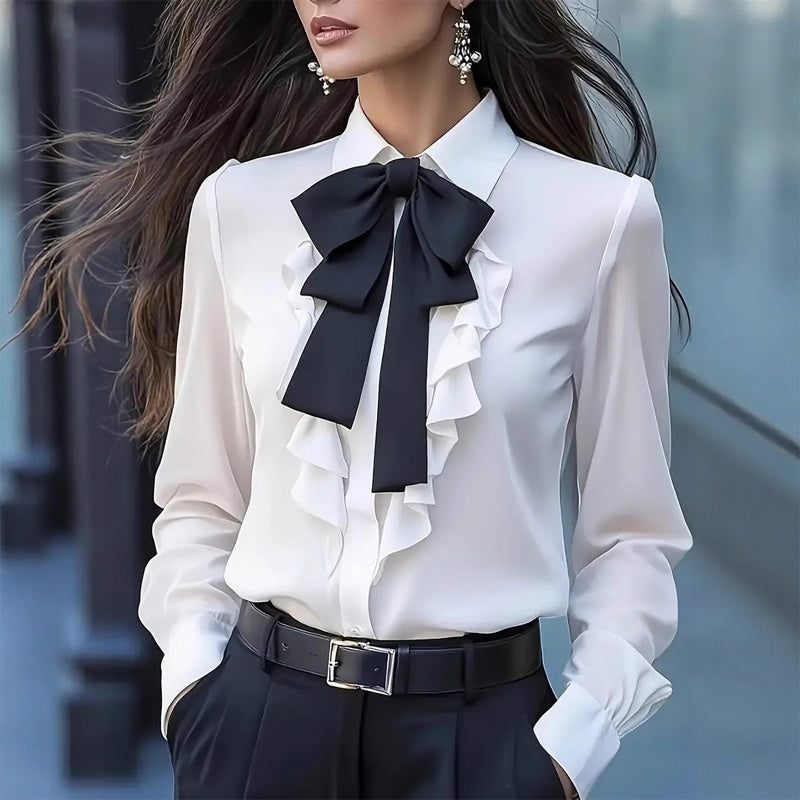Women's Elegant Ruffle Trim Blouse With Black Bow Tie, Long Sleeve Office Shirt For Spring & Fall
