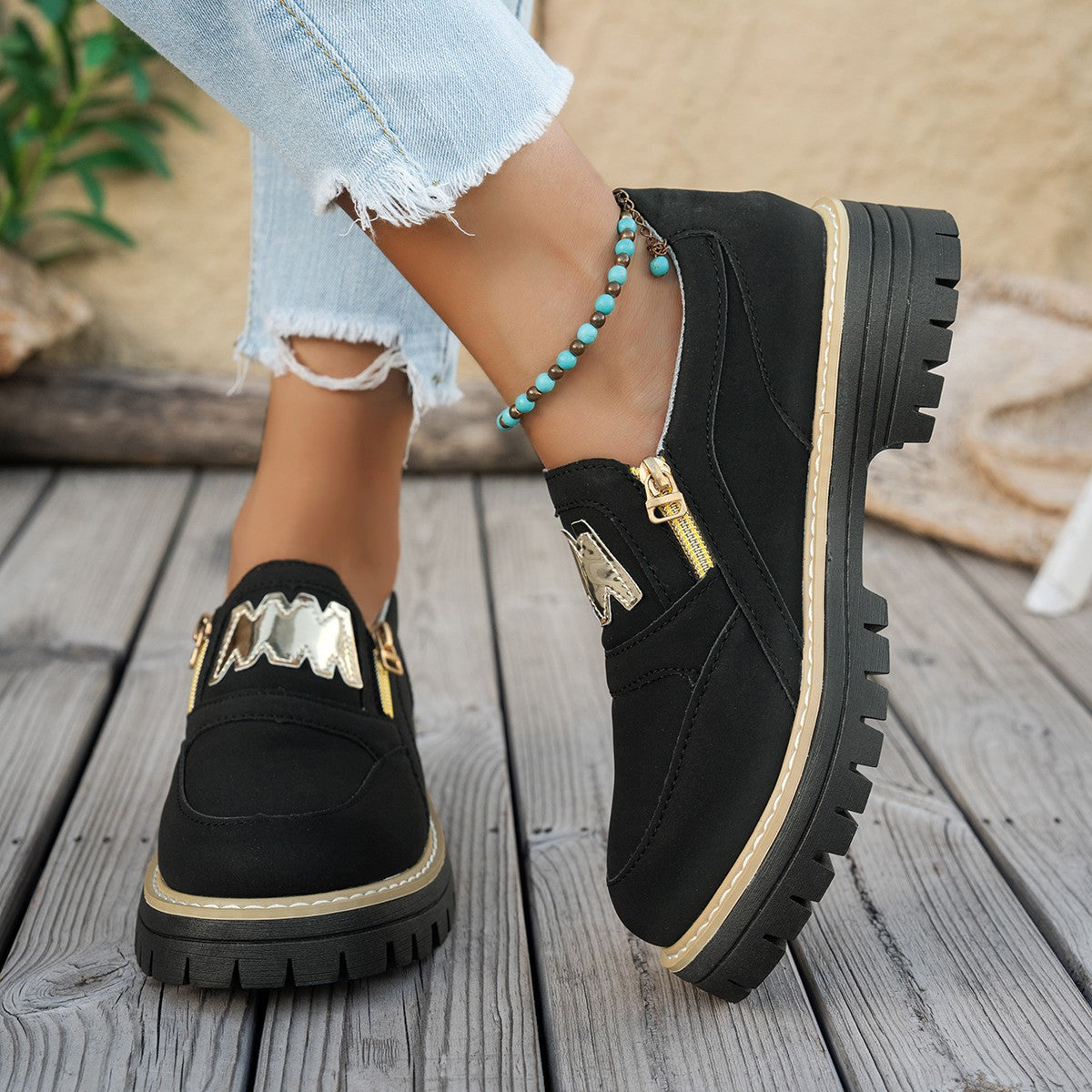 Womens Plus-Size Loafers With Side Zipper And Chunky Platform Sole