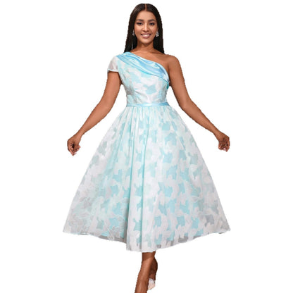 Women's Oblique Shoulder Contrast Color Evening Dress Jacquard Elegant Dress