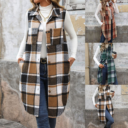 Women's Retro British Style Commute Leisure Lapel Long Plaid Coat