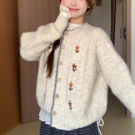 Japanese Style Soft Glutinous High-grade Round Neck Flower Knitted Cardigan Sweater Coat For Women
