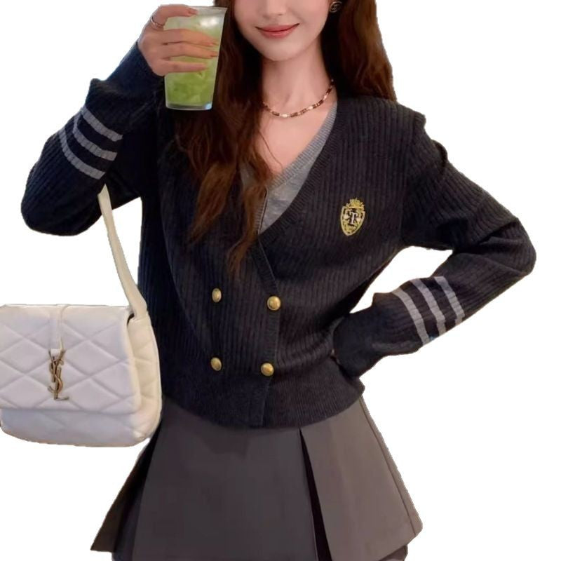 Long Sleeve College Style Fake Two-piece Cardigan Sweater