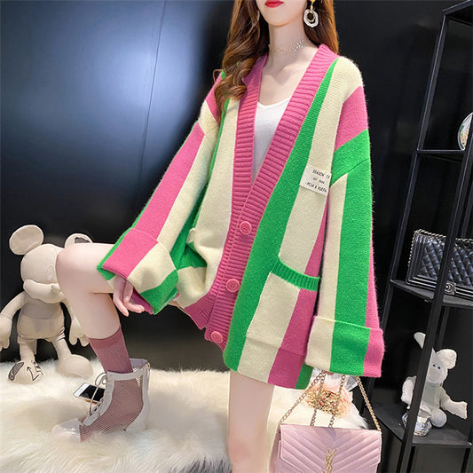 Striped Color Stitching Knitted Cardigan Sweater Coat For Women