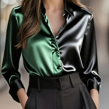 Women's Colorblock Long Sleeve Blouse Shirt Button Down Collared Tops