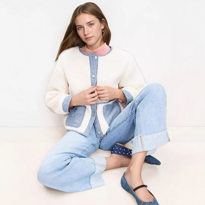 Fashion Design Color Contrast Color Patchwork Round Neck Coat