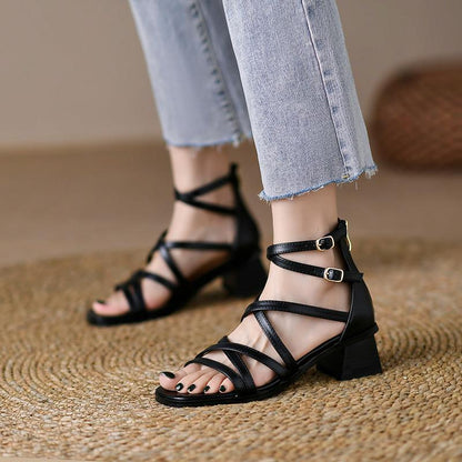 Brown Strappy Heels Vintage Stiletto-Strap Roman Sandals For Women