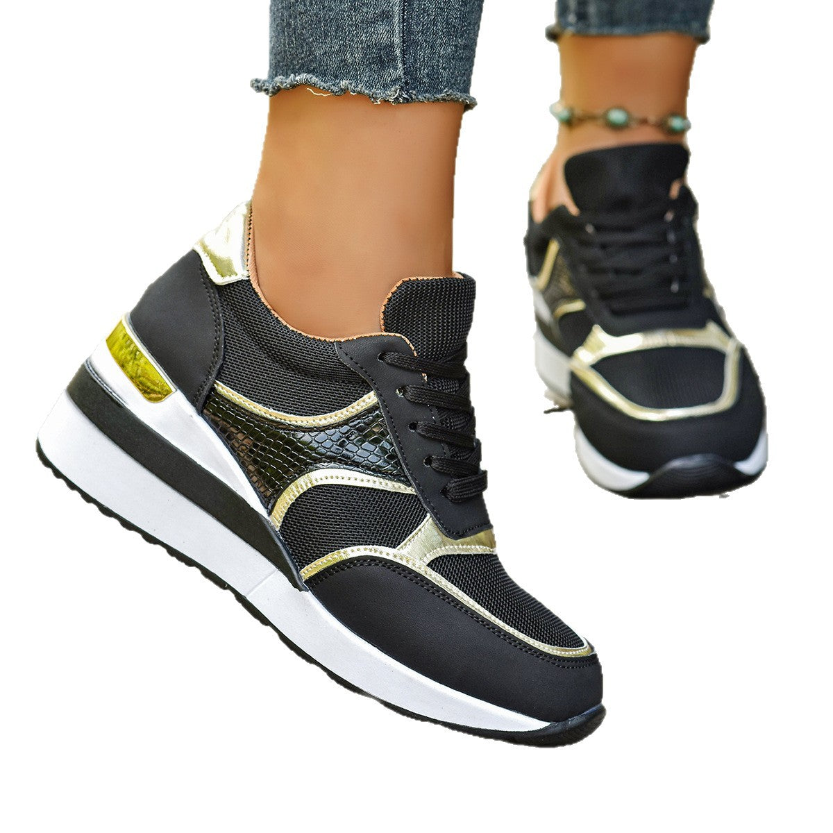 New Plus Size Casual Sneaker Women Product information: Color: black, blue, beige Heel height: mid heel (3-5CM) Size: 36, 37, 38, 39, 40, 41, 42, 43 Material: rubber, pu Function: increased, breathable, wear-resistant Style: Simple Packing list: A pair of