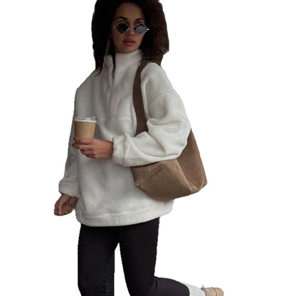 Solid Color European And American Zipper Collar Plush Coat