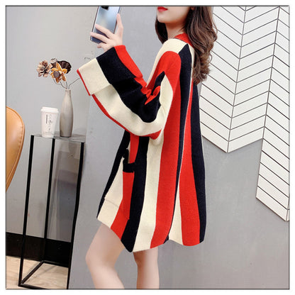 Striped Color Stitching Knitted Cardigan Sweater Coat For Women